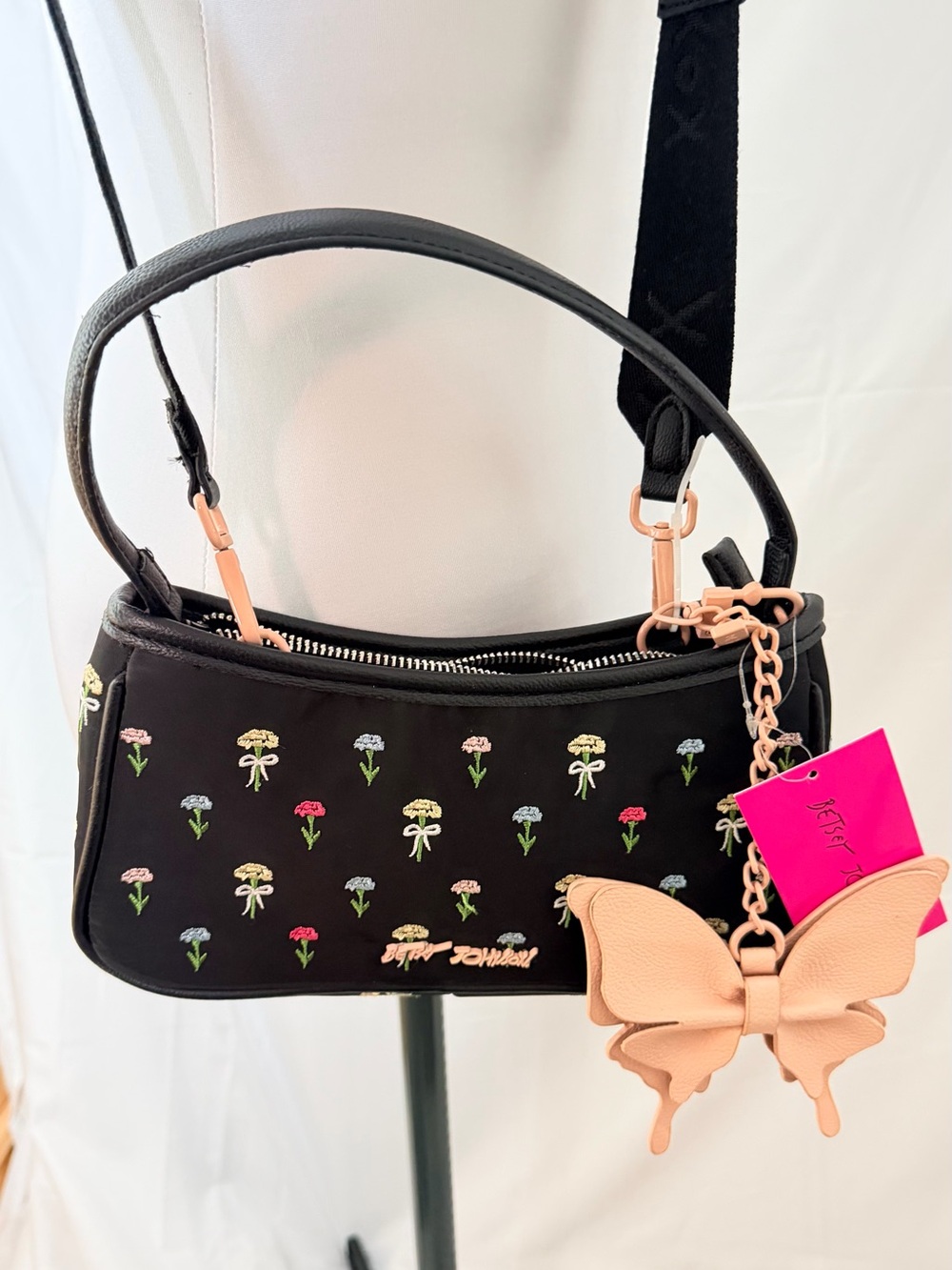 Betsey Johnson Black Nylon Shoulder Bag with Pastel Floral Embroidery